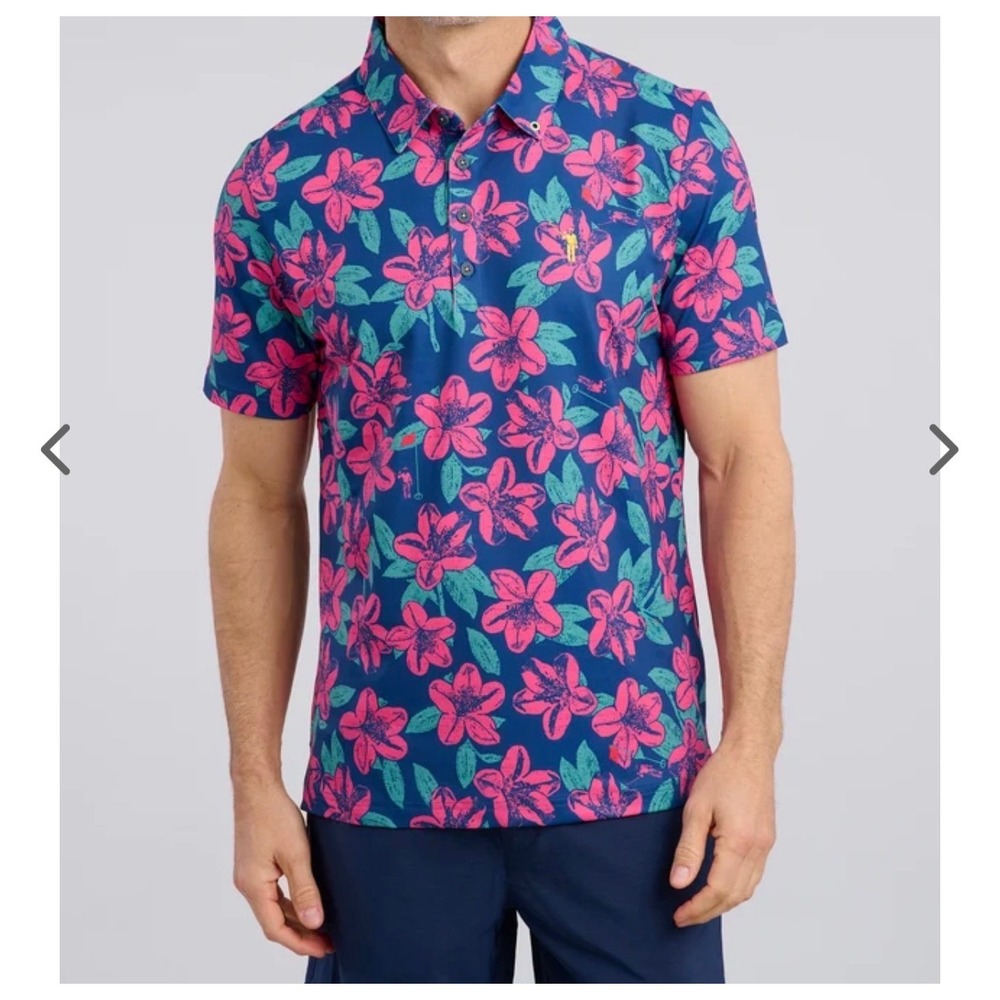 William Murray Navy Pink Floral Remastered Lightweight Performance Golf Polo M